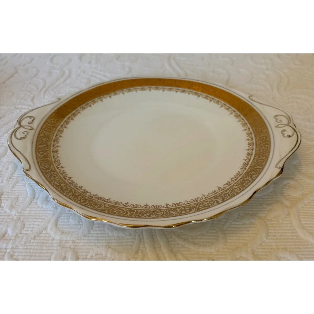 Royal Albert Bone China Regency Pattern handled cake plate with Gold Floral Band